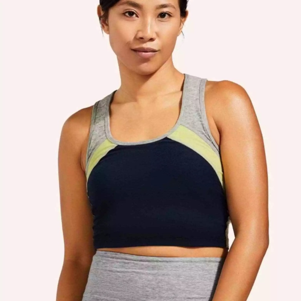 Beyond Yoga Peloton Womens Medium Colorblock Crop Tank Top Navy Gray Neon Logo